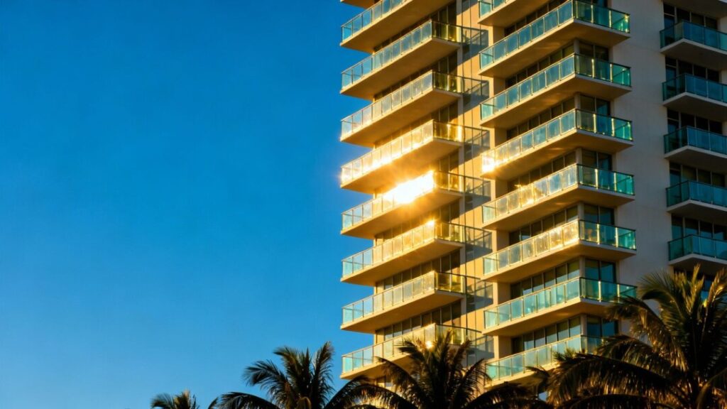 Luxury Miami apartment tower against a blue sky.