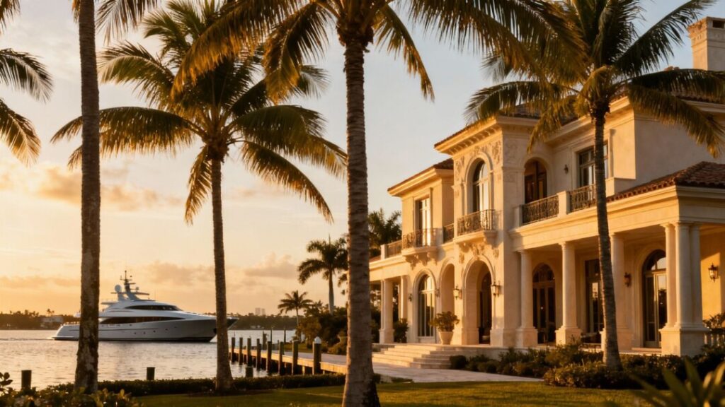 Luxury Florida mansion with palm trees and yacht.