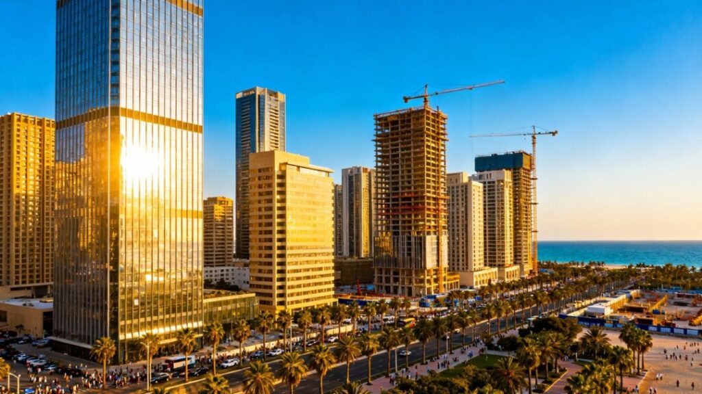 South Florida skyline with skyscrapers and palm trees.
