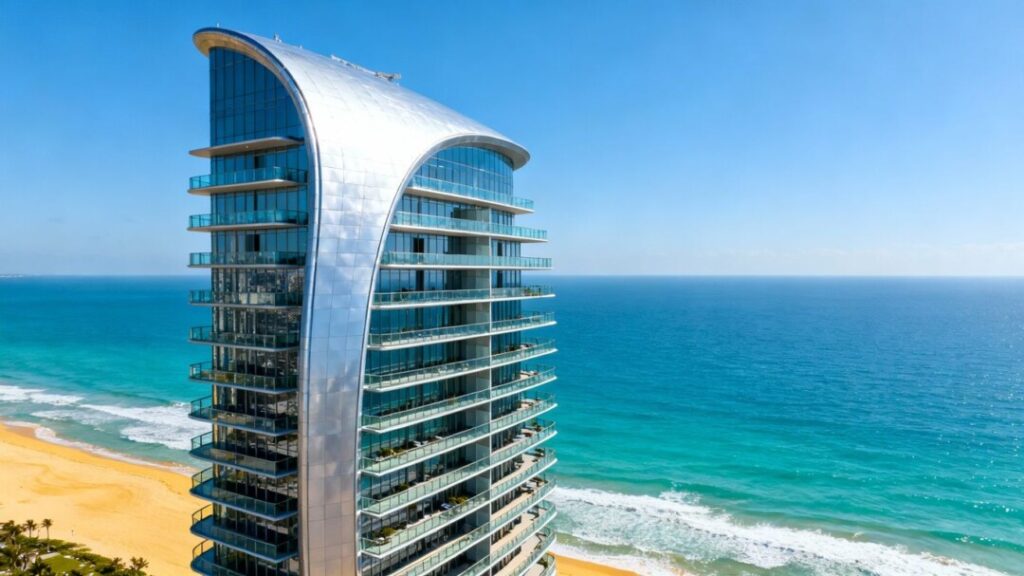 Bentley Residences skyscraper on a sunny South Florida beachfront.