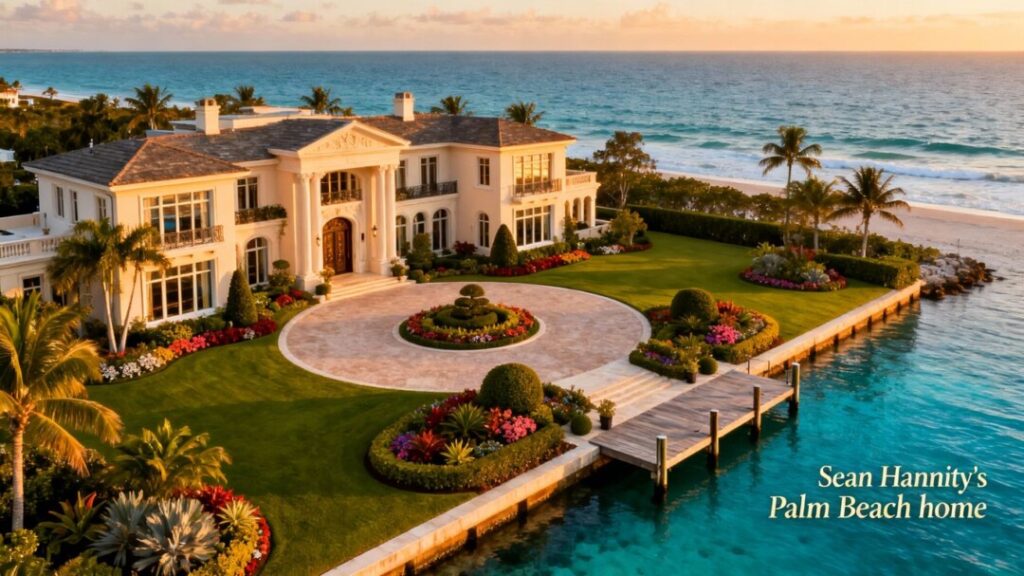 Sean Hannity's oceanfront Palm Beach estate with dock and gardens.