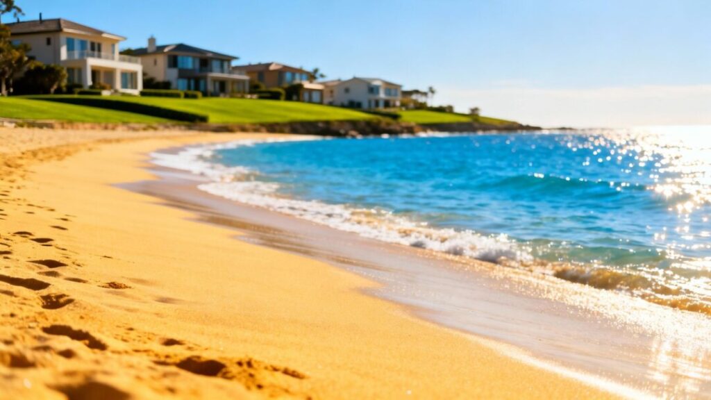 Florida coastline with houses and beach.
