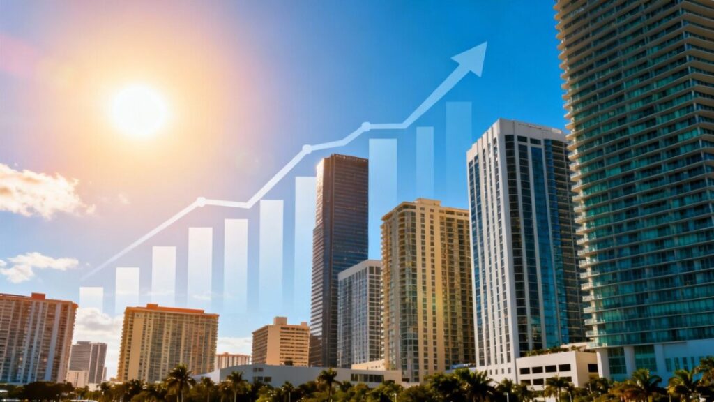 Florida skyline with skyscrapers and a rising graph.