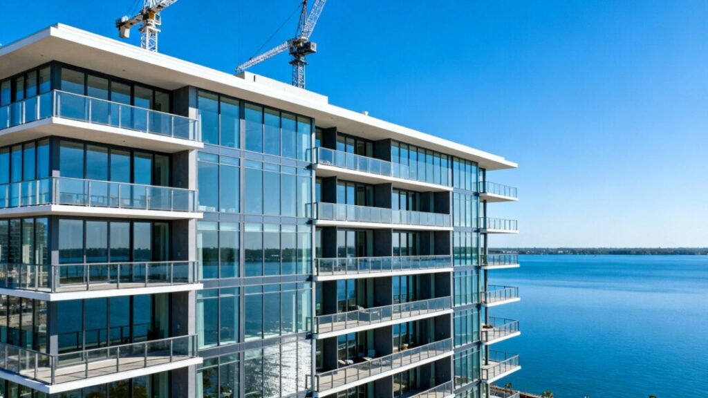 Luxury waterfront condos topped off, cranes visible.