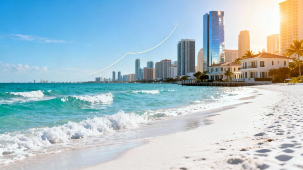 Miami luxury homes and skyline with ocean.