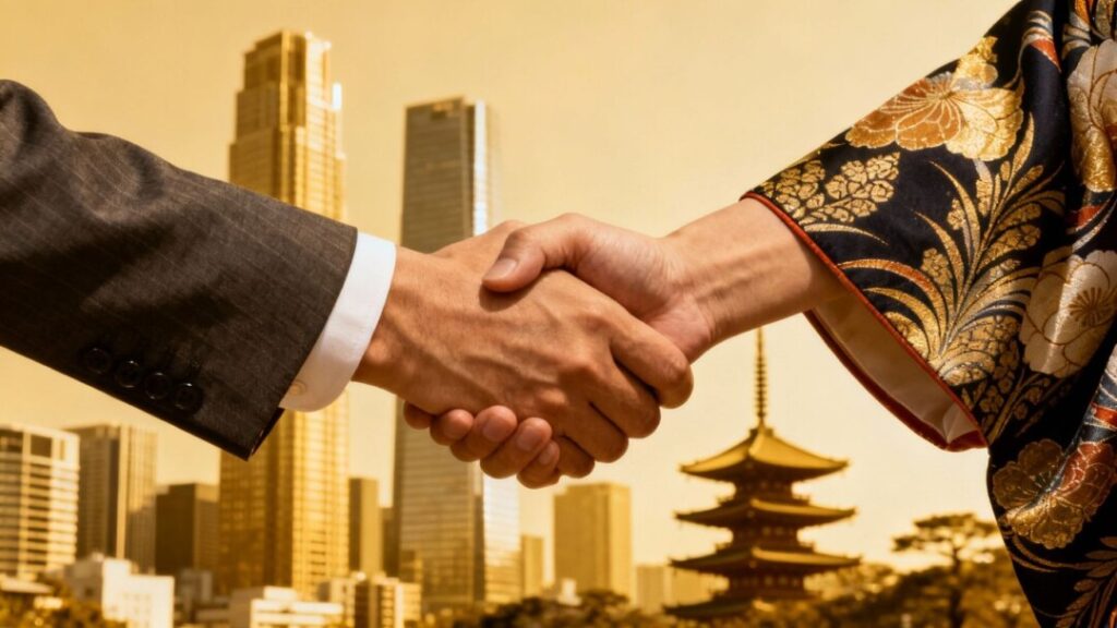 Florida and Japan real estate partnership handshake.