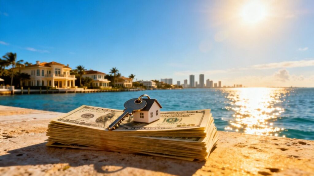 West Palm Beach skyline with cash and house key.