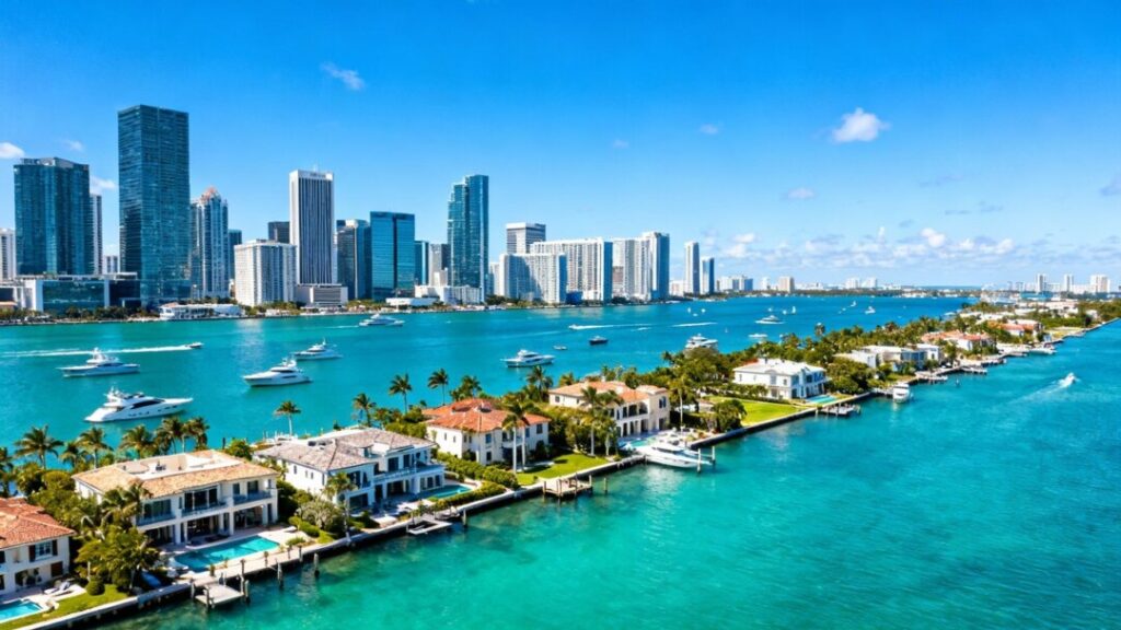 Florida coast with mansions, skyscrapers, and yachts.
