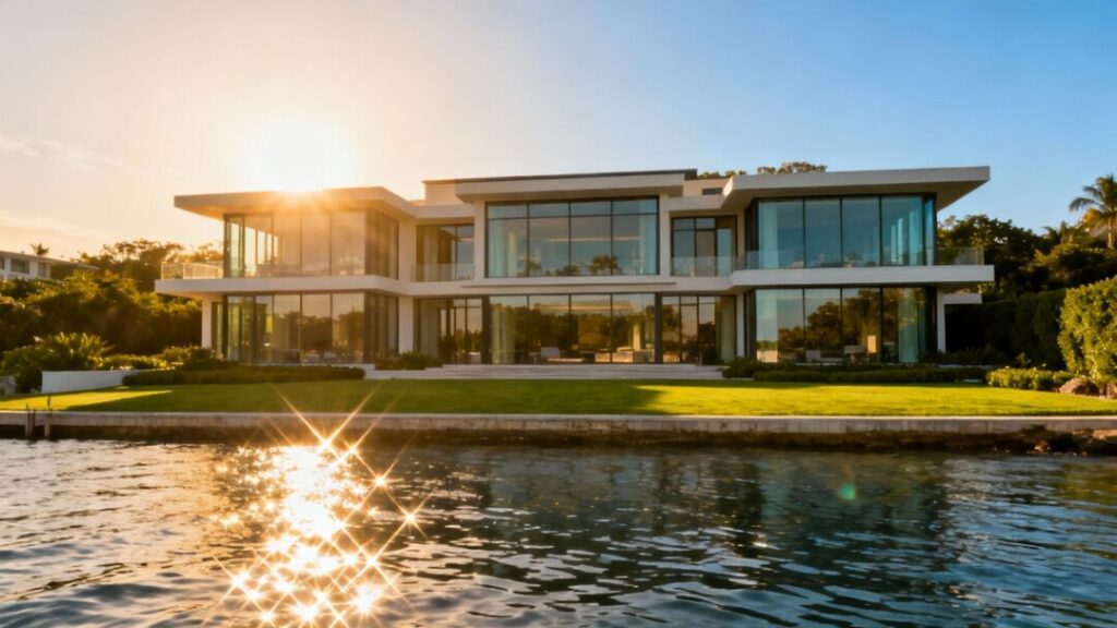 Luxury waterfront mansion in Florida with sunny skies.