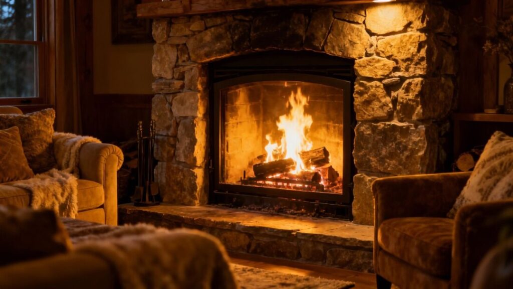 Cozy fireplace with warm, dancing flames.
