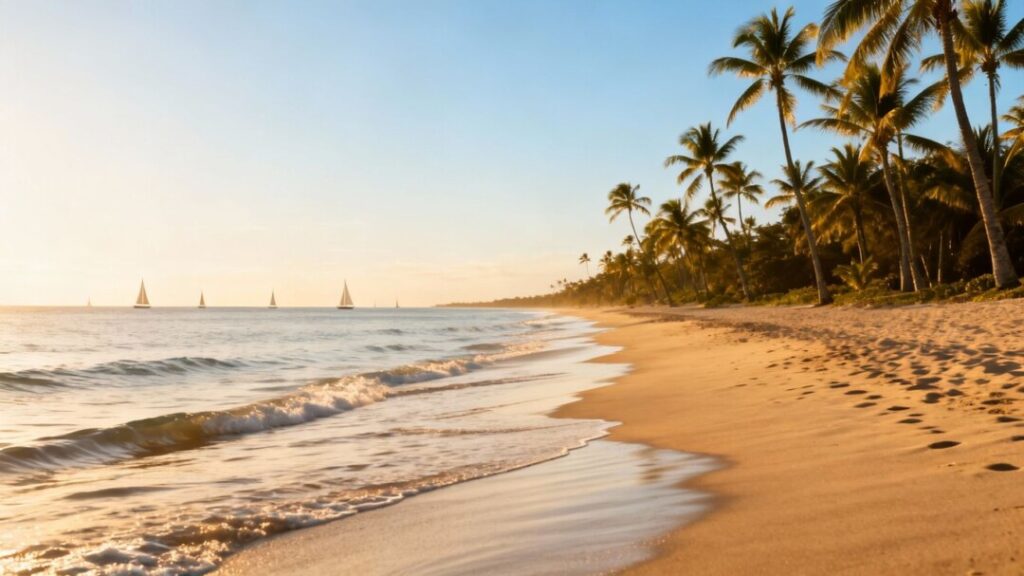 Florida coast with calm water and palm trees.