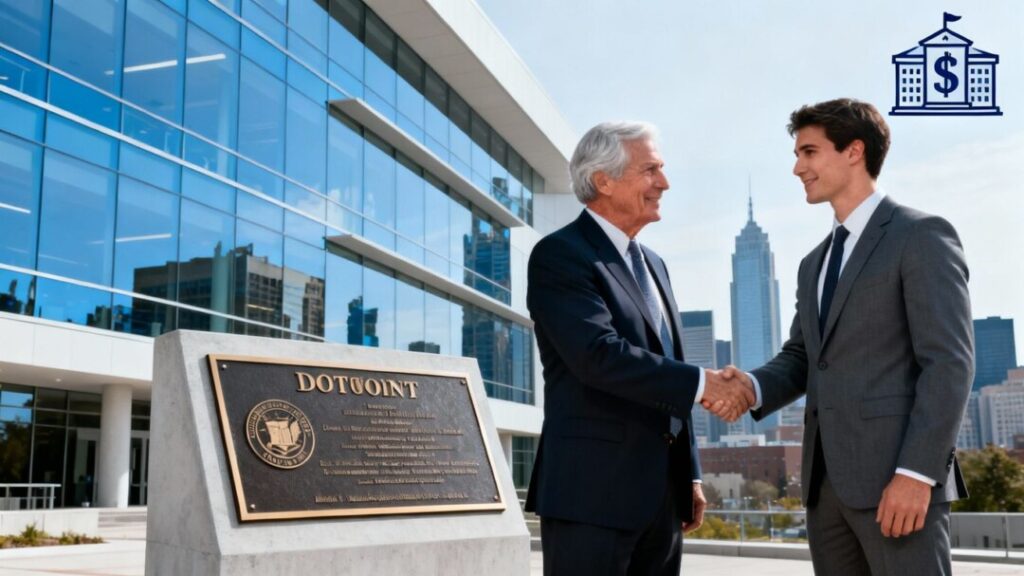 University building, handshake, and donation graphic.