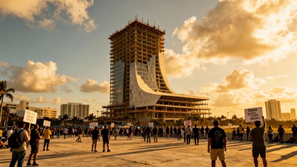 Miami land dispute with construction and protest.
