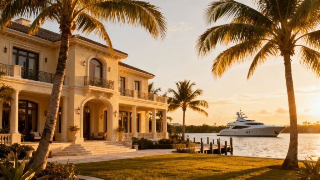 Luxury Florida mansion with palm trees and yacht.