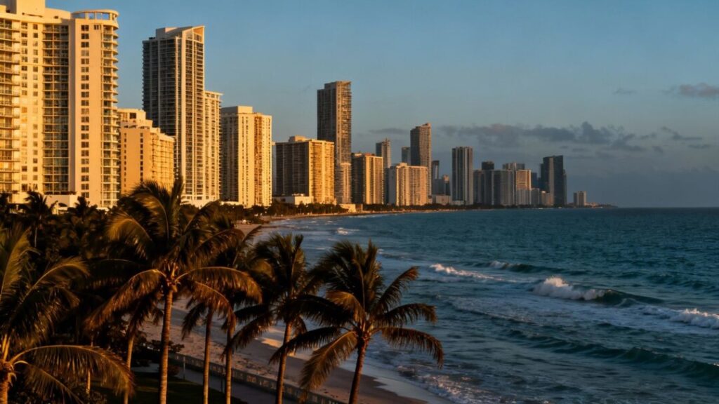 Miami skyline with ocean and palm trees.