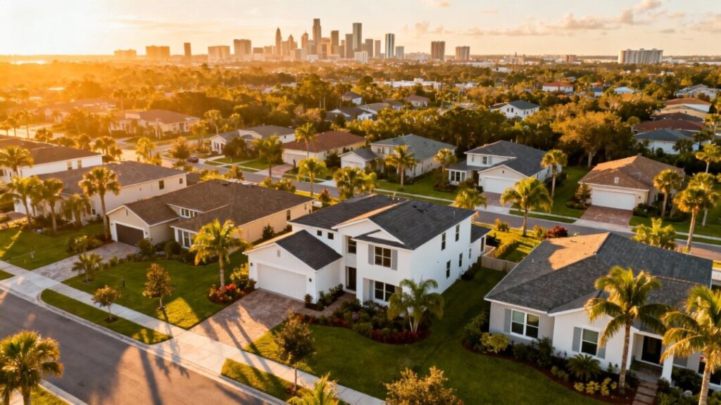 Central Florida homes with city skyline and palm trees.