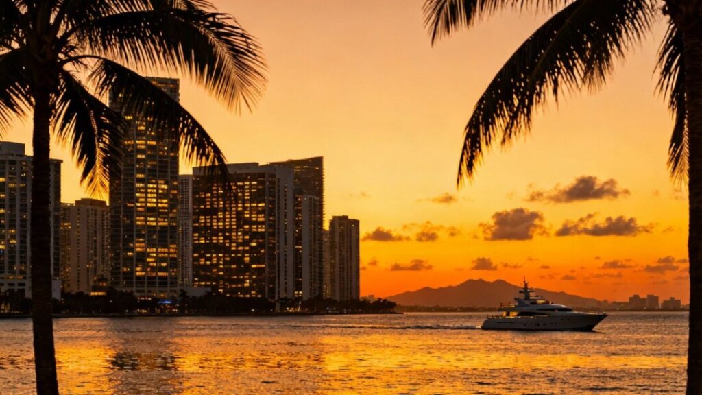 Miami skyline with palm trees and ocean.