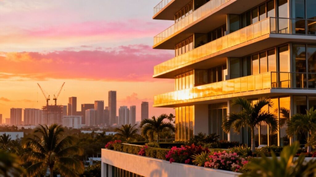Miami skyline with new construction and luxury condos.