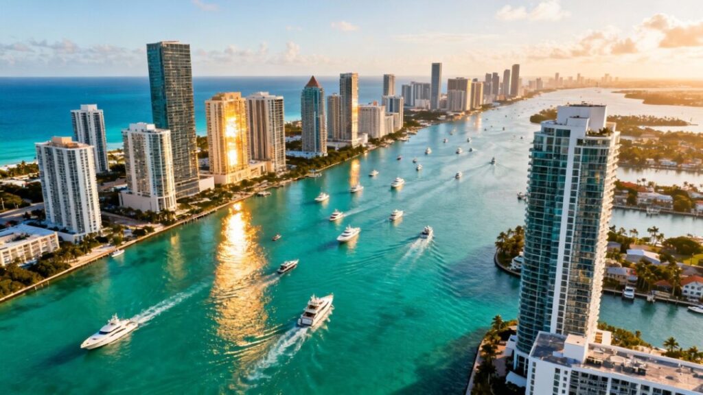 Miami skyline and ocean with luxury buildings and yachts.