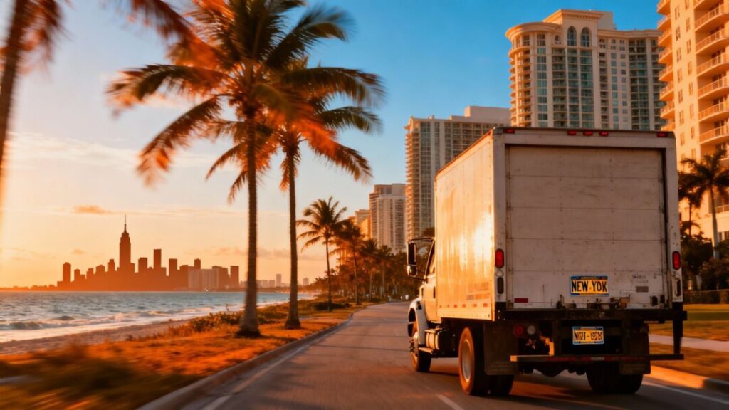 Florida coast with New York moving trucks and palm trees.