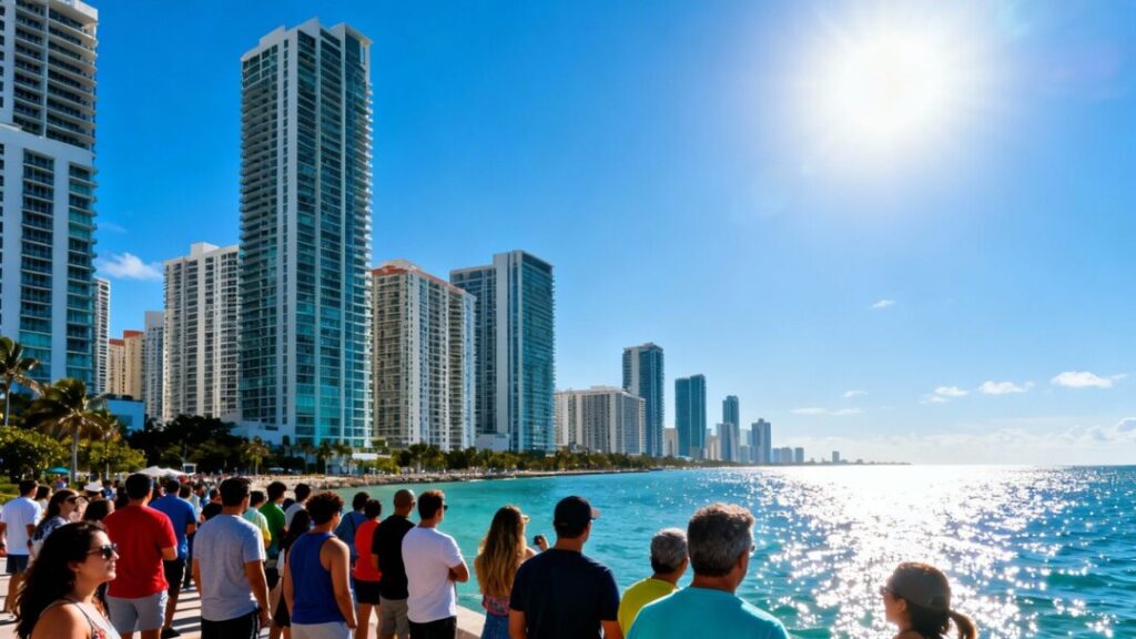 Miami skyline and diverse crowd near new homes.