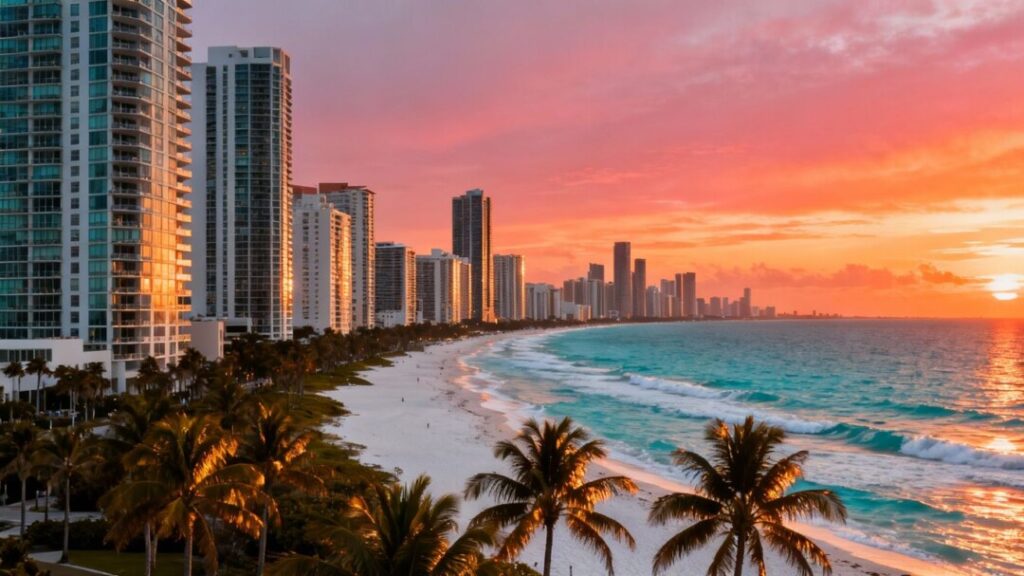 Miami Beach skyline with condos and ocean at sunset.