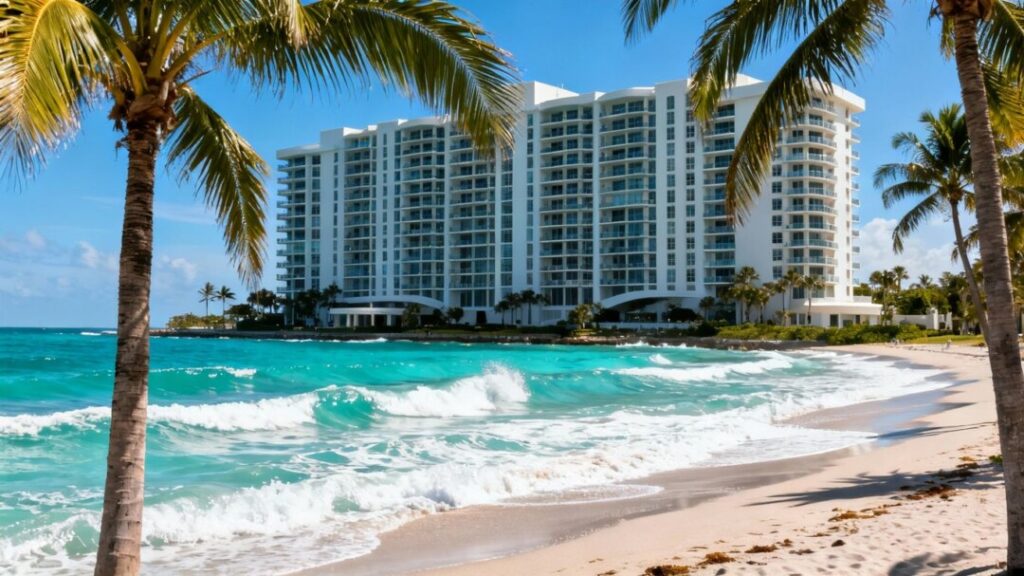 Pompano Beach oceanfront condo building with palm trees and ocean.