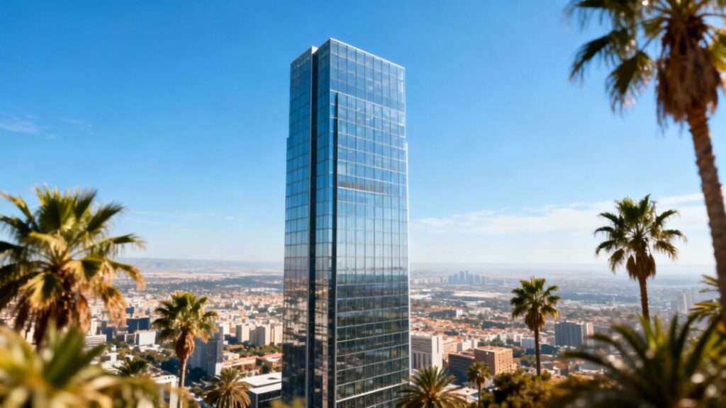 Miami skyline with modern buildings and palm trees.