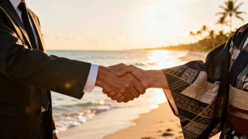 Florida and Japan real estate professionals shaking hands.
