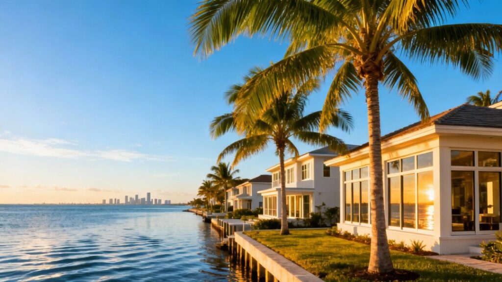 Florida coastline with homes and palm trees.