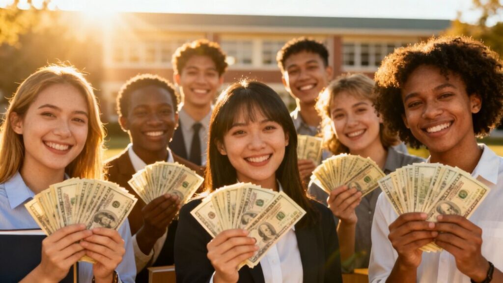 Teachers celebrating a pay increase with money.