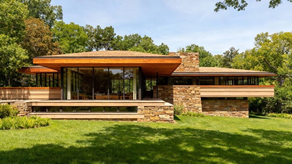 Frank Lloyd Wright Usonian home with glass walls and natural materials.