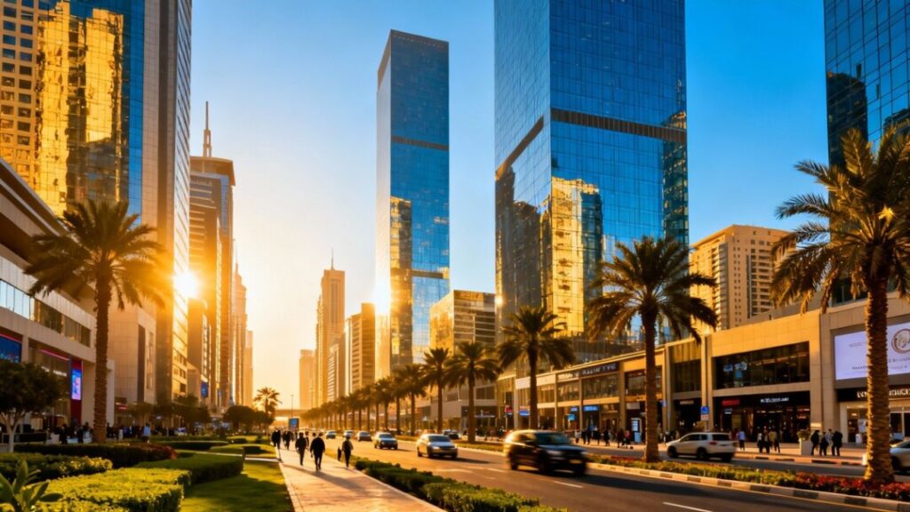 Broward County skyline with commercial buildings and palm trees.