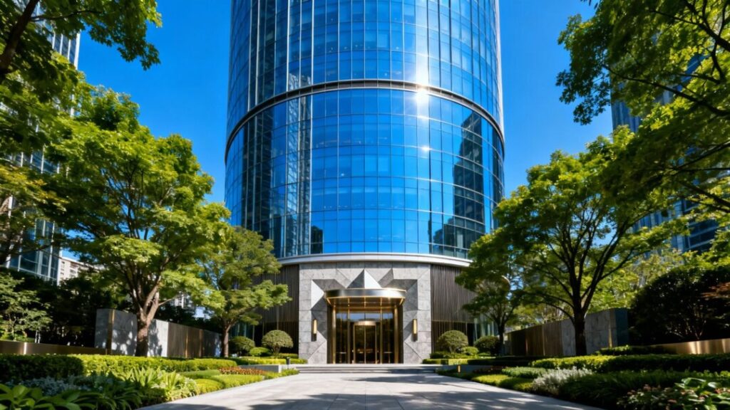 Modern skyscraper with glass facade and surrounding greenery.