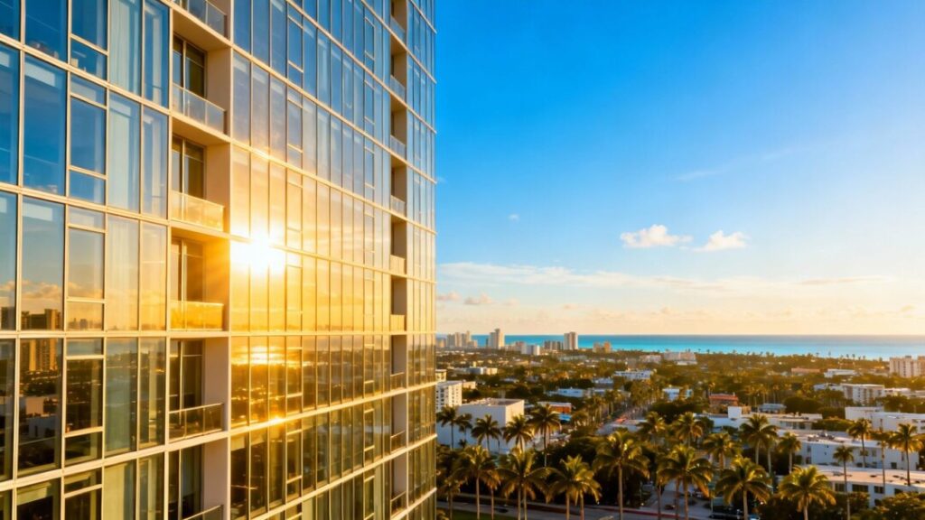 Miami skyline with a modern skyscraper and palm trees.