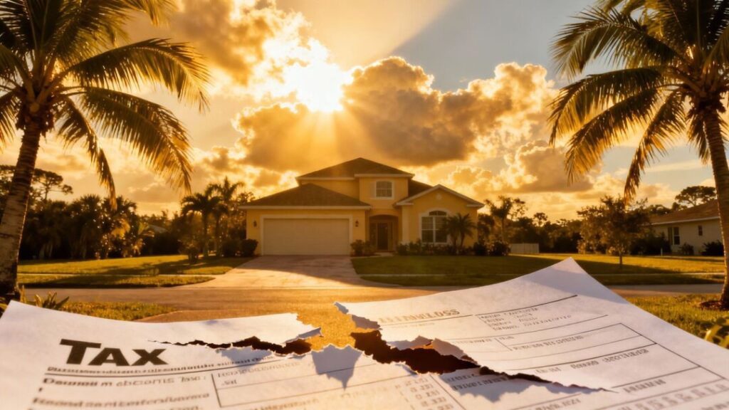 Florida home with tax document being torn apart.