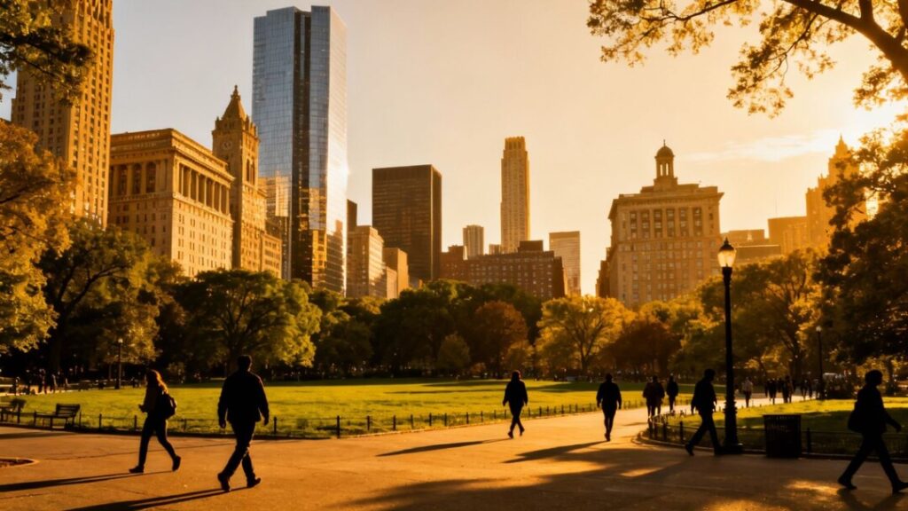 Cityscape with diverse architecture and green spaces.