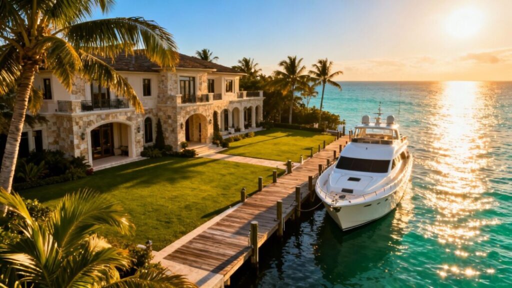 Luxury Florida mansion with waterfront view and yacht.