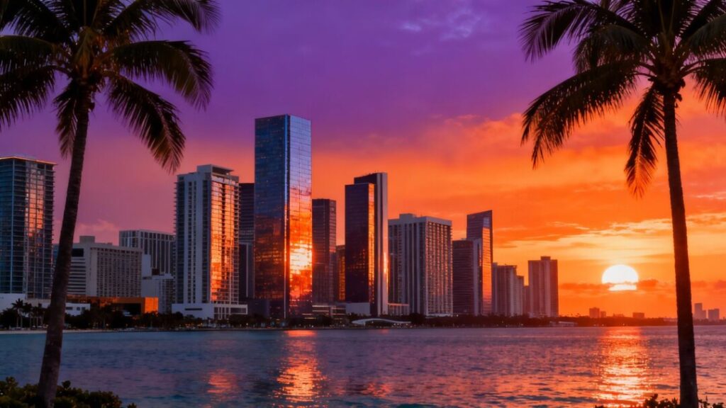 Miami skyline at sunset with palm trees and ocean.