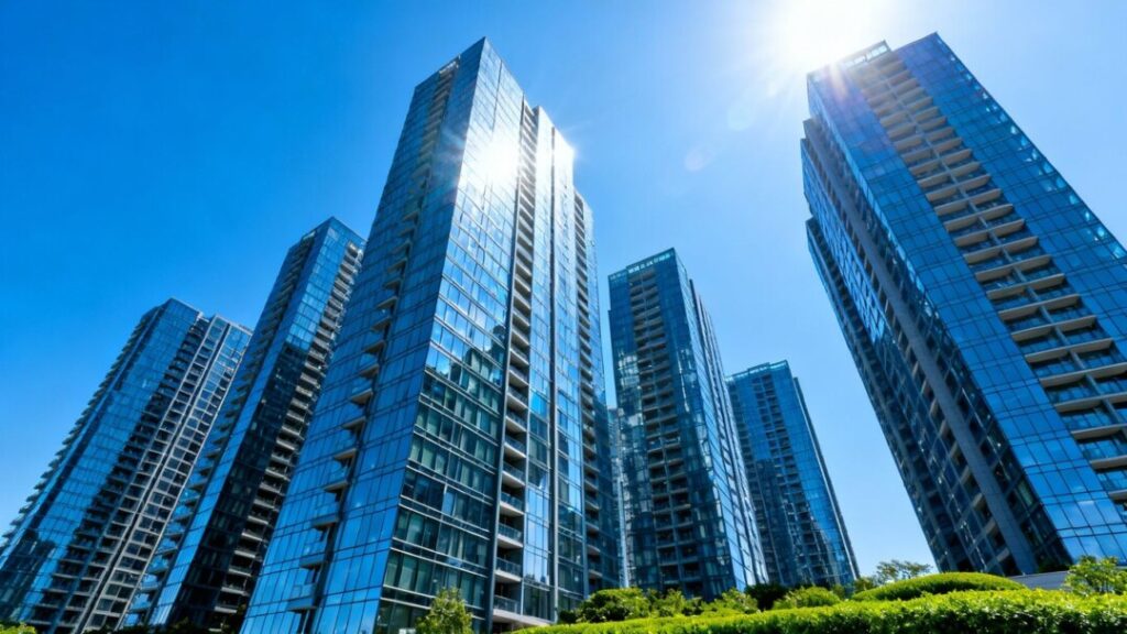 South Florida high-rise condos against a blue sky.