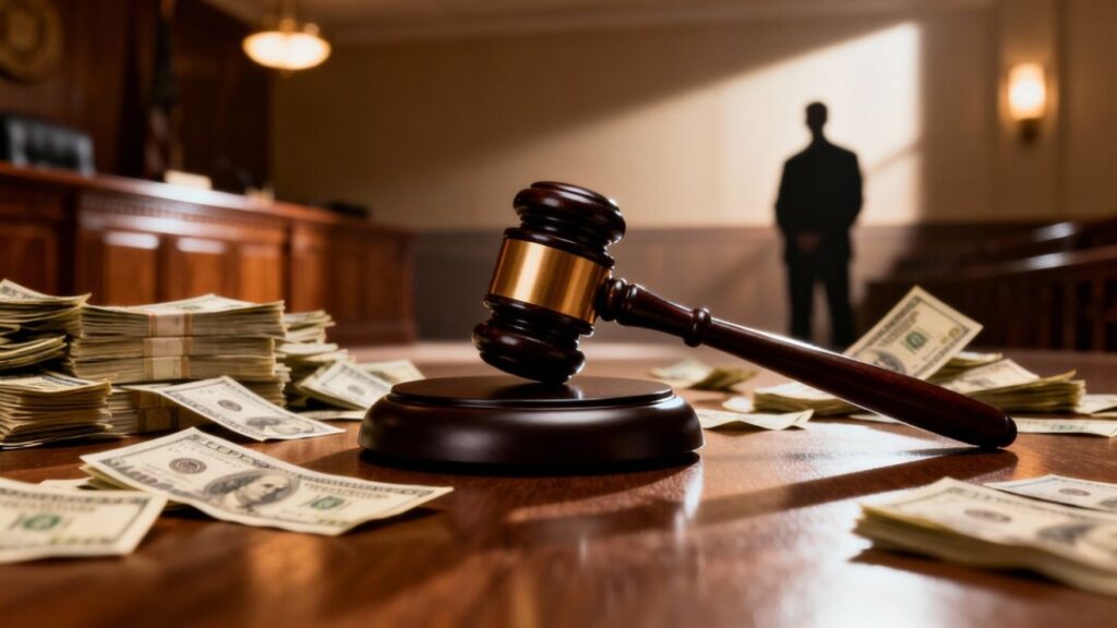 Gavel, money, and courthouse symbolizing legal investigation.