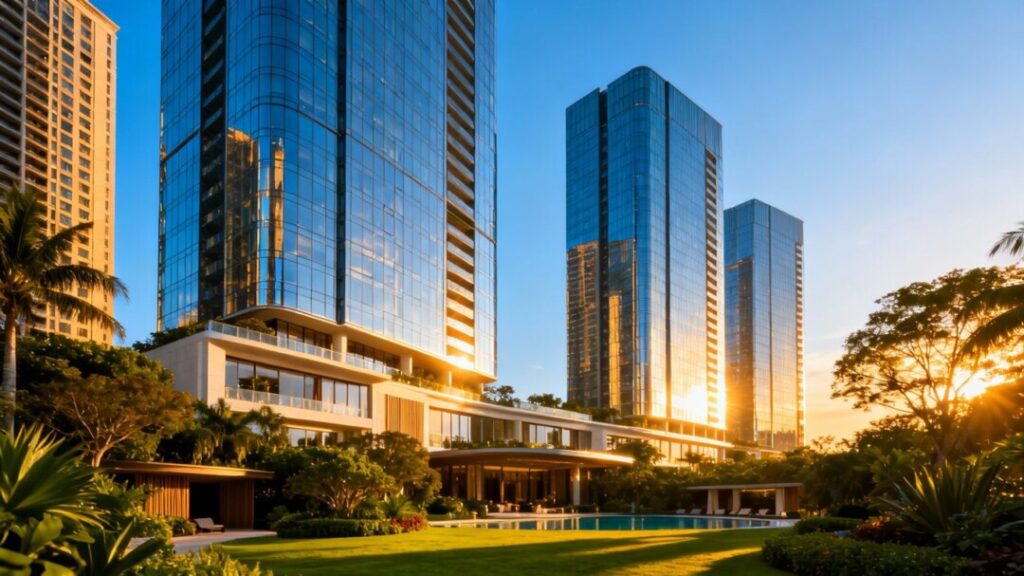 St. Regis Residences Sunny Isles towers against blue sky.