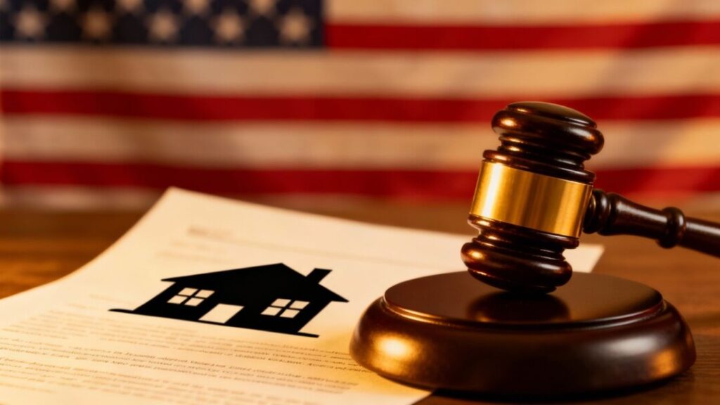 Gavel striking document, American flag, house silhouette.