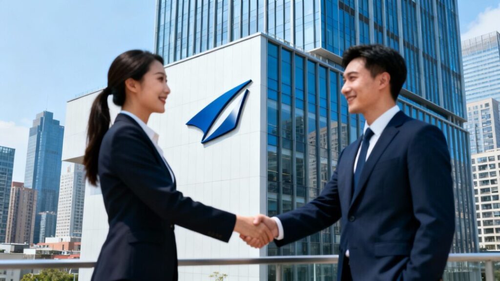 Real estate agents, office building, cityscape, company logo.