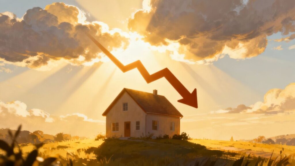 House with falling mortgage rate arrow, bright sunlight.