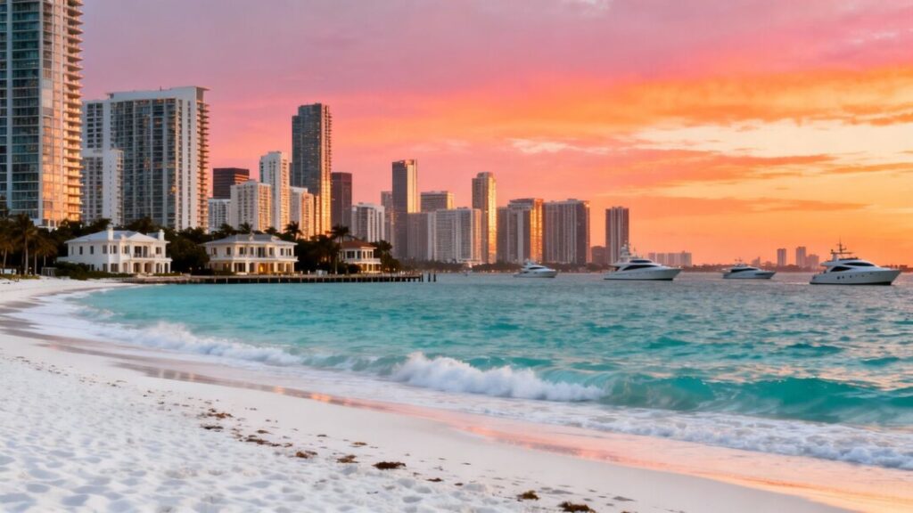 Miami skyline with luxury homes and ocean.