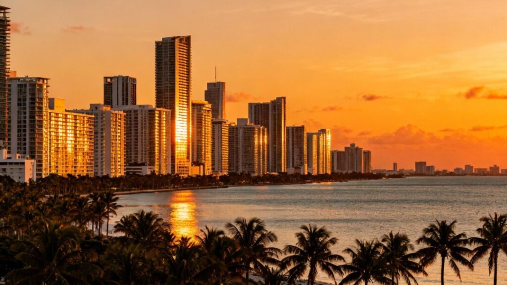 Miami skyline with palm trees and ocean at sunset.