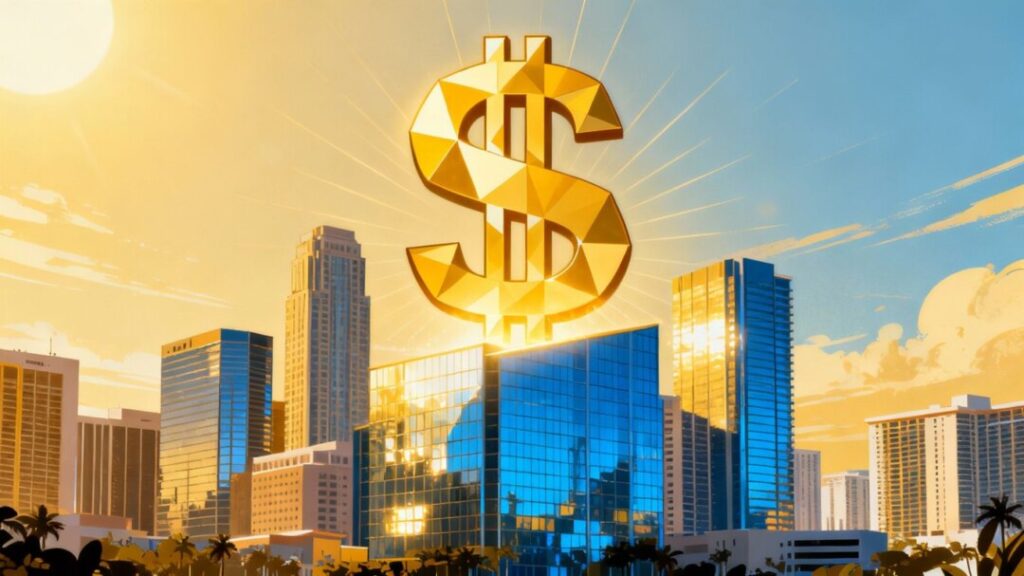 Florida cityscape with a glowing dollar sign.