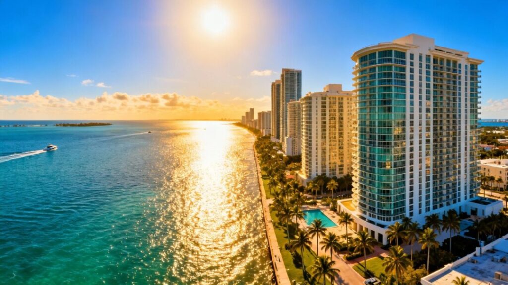 Miami skyline with ocean and palm trees.