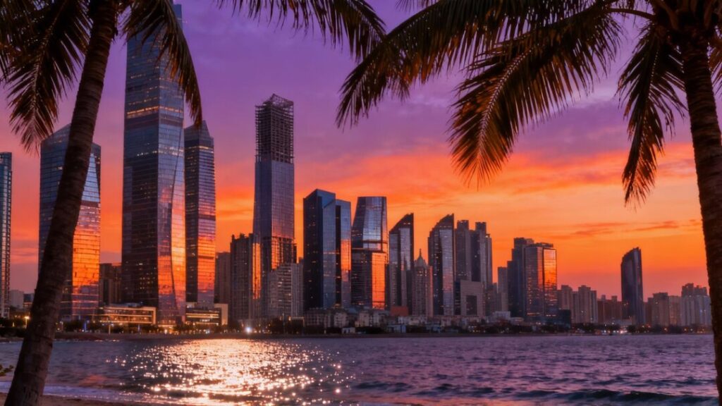 Miami skyline at sunset with palm trees and ocean.